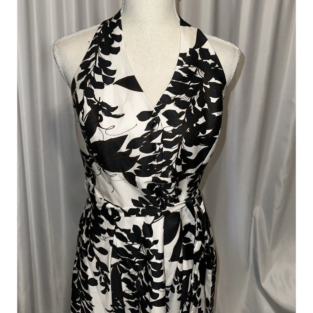 White House Black Market Dress Womens Size 8 Halter Summer Lined Leaf Black Whit - Picture 7 of 11